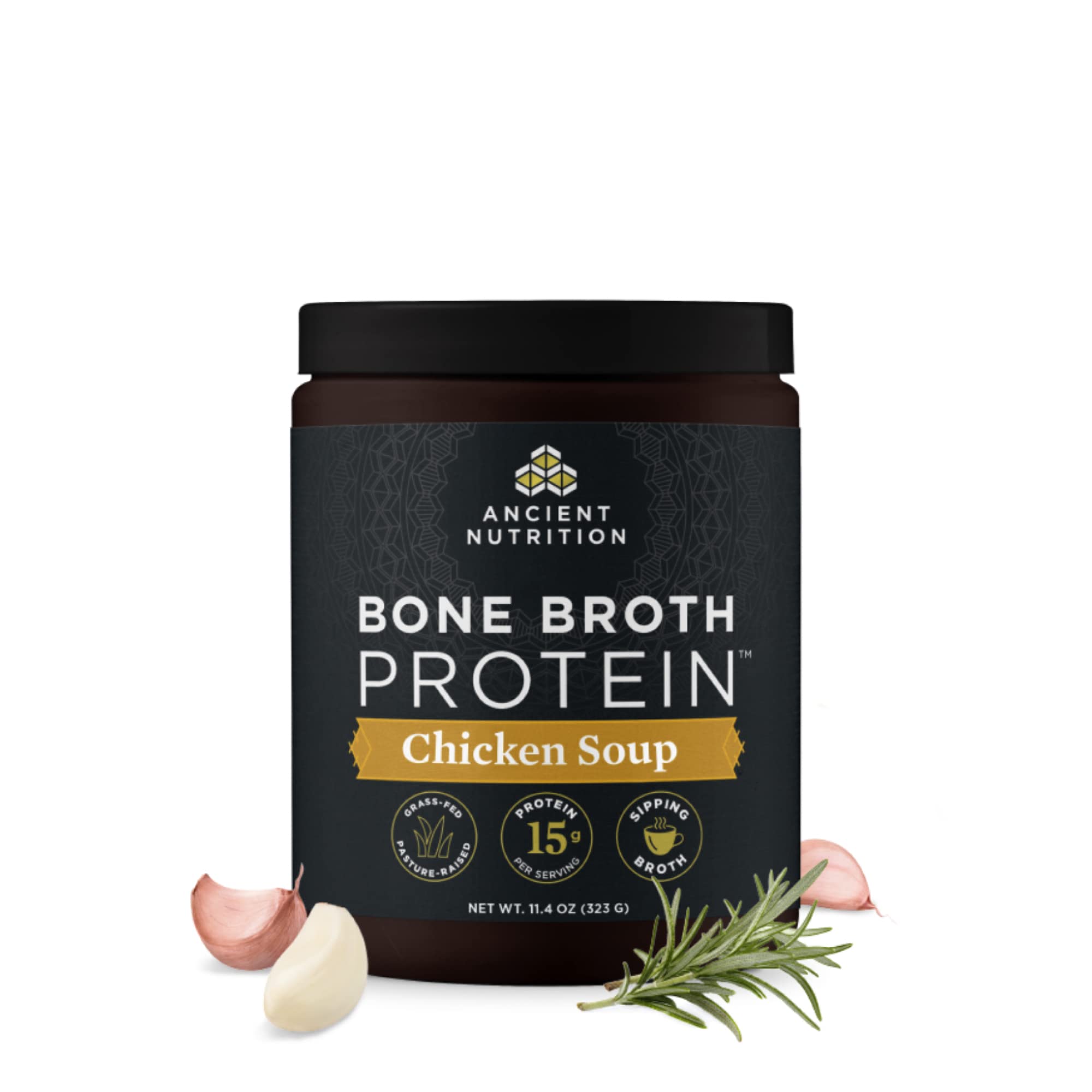 Ancient Nutrition Bone Broth Protein Powder Chicken Soup tub, protein-packed and savory.