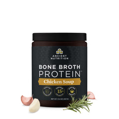 Ancient Nutrition Bone Broth Protein Powder Chicken Soup tub, protein-packed and savory.