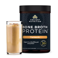 Ancient Nutrition bone broth protein powder tub provides protein for meals.