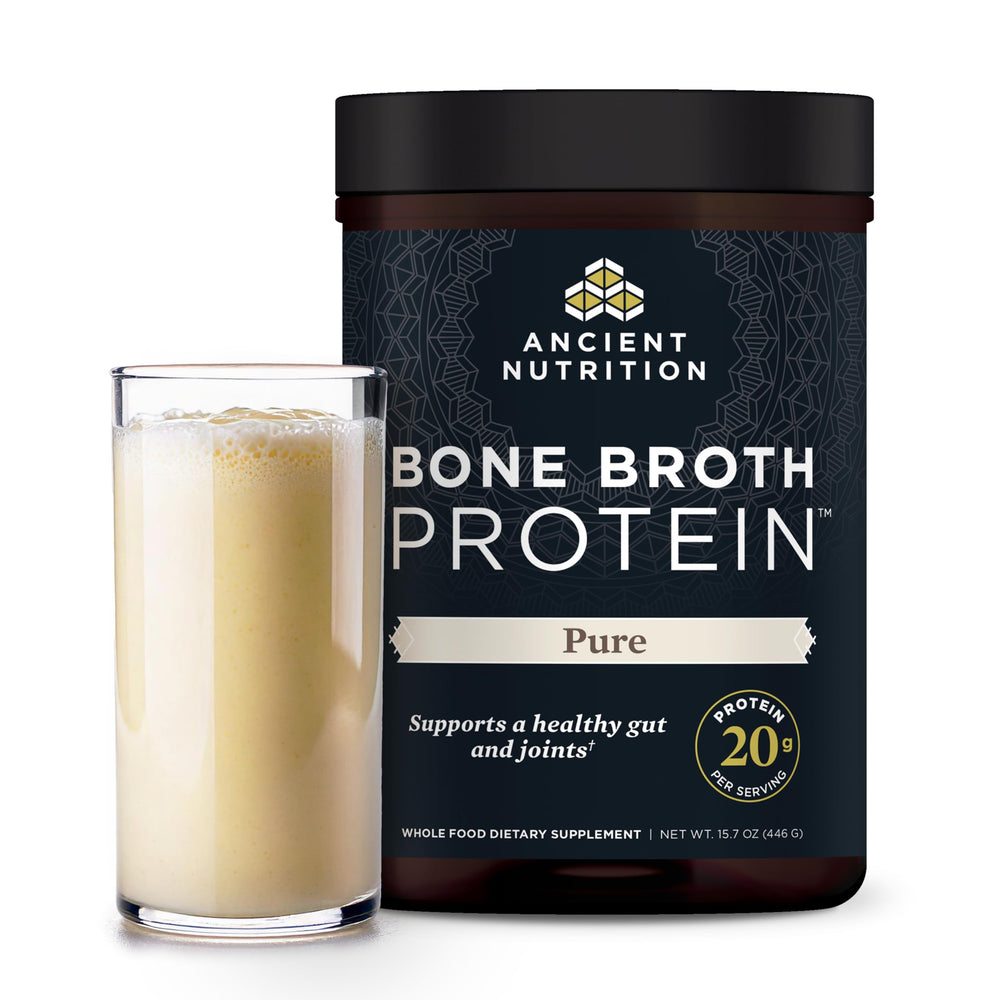 Ancient Nutrition bone broth protein powder vanilla tub offers premium flavor for smoothies