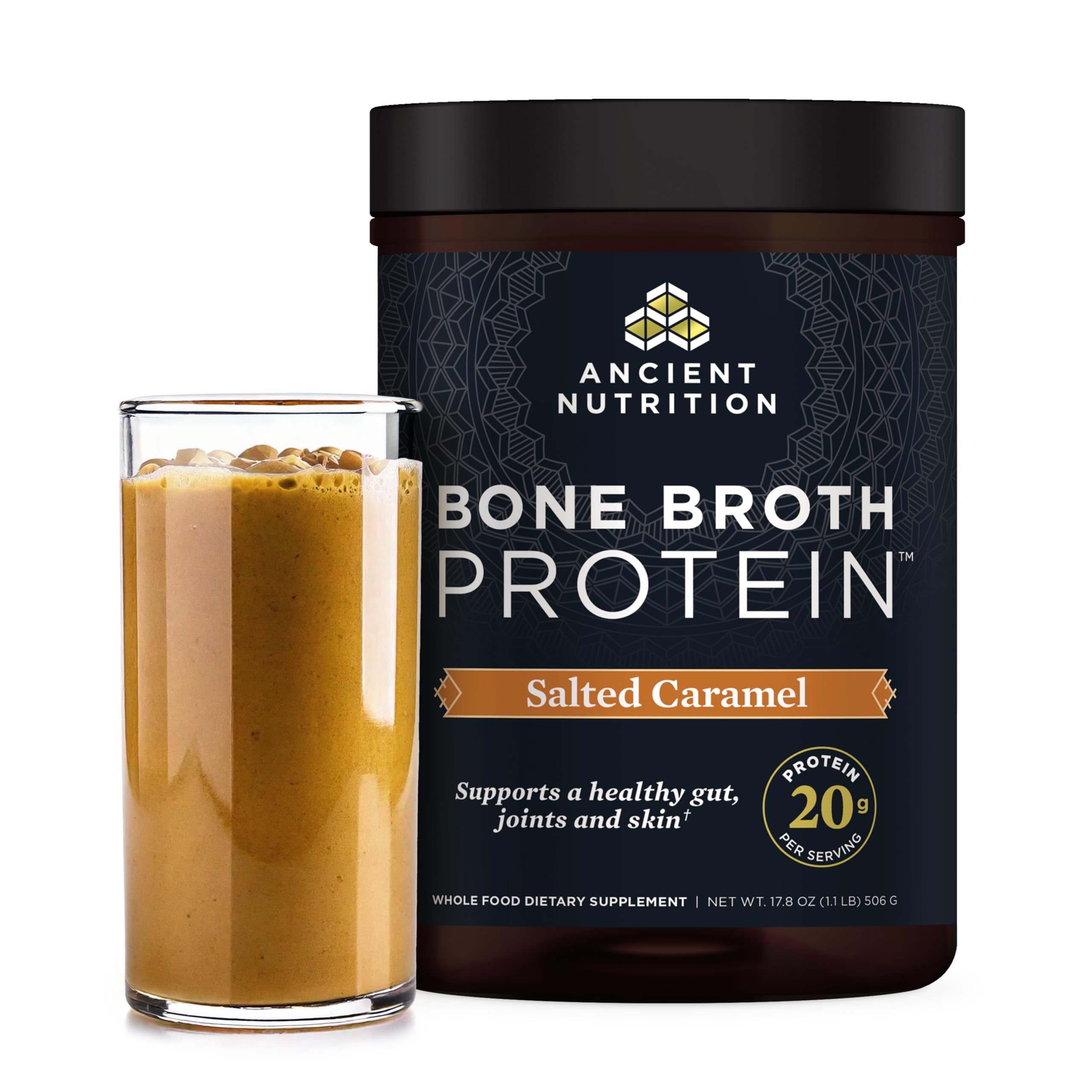 Ancient Nutrition bone broth protein salted caramel bottle ready for daily protein boost