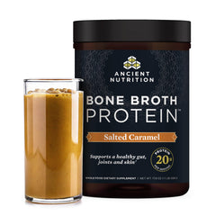 Ancient Nutrition bone broth protein salted caramel bottle ready for daily protein boost