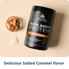 Close-up of Ancient Nutrition bone broth protein salted caramel powder with collagen types I and III
