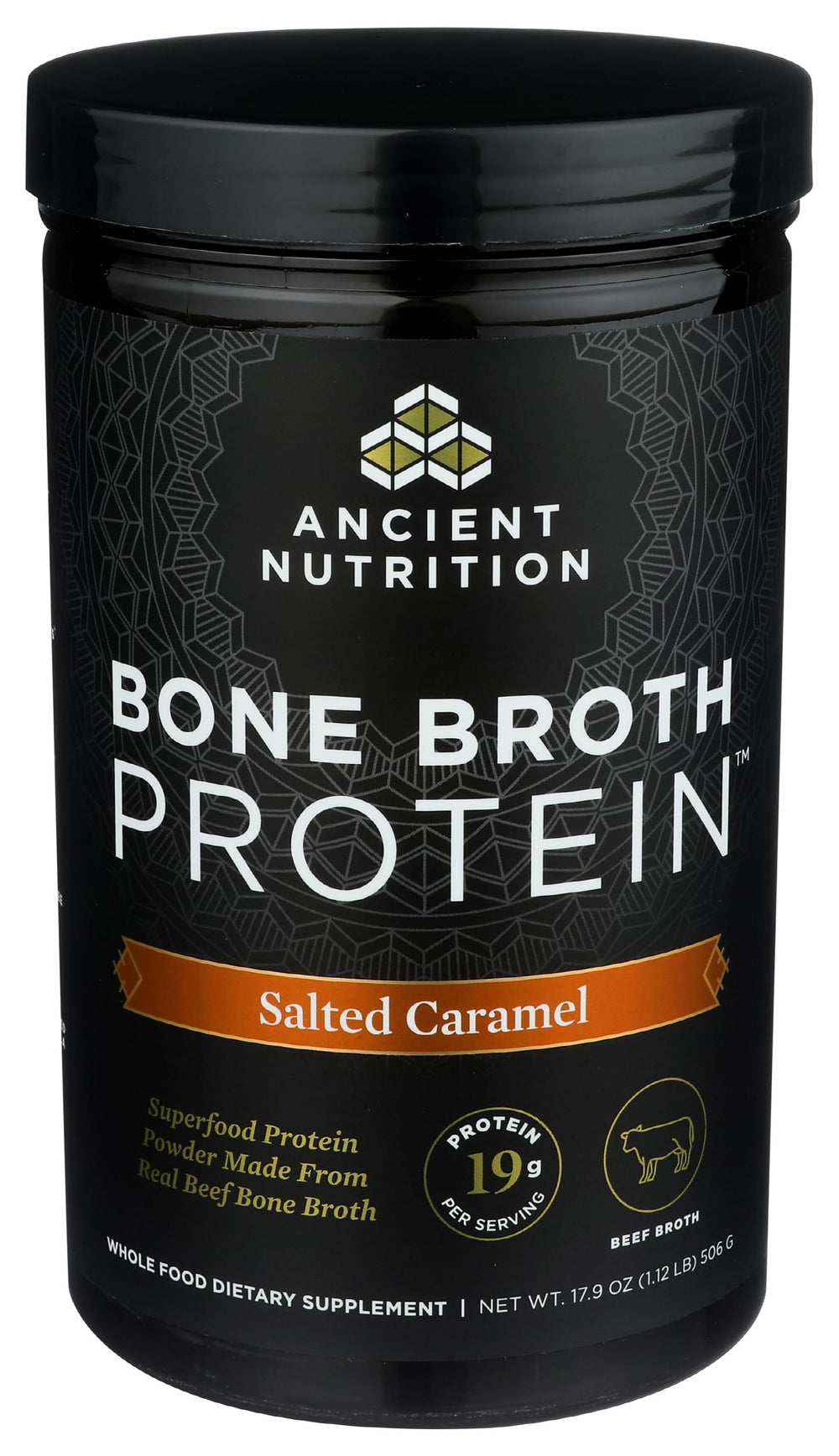 Creamy salted caramel shake made with Ancient Nutrition bone broth protein