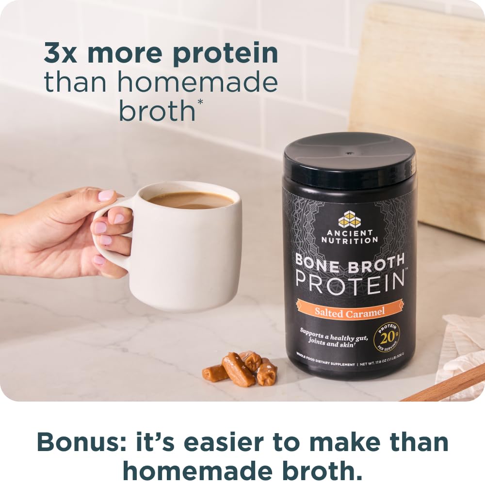 Back label of Ancient Nutrition salted caramel bone broth protein with gluten-free info