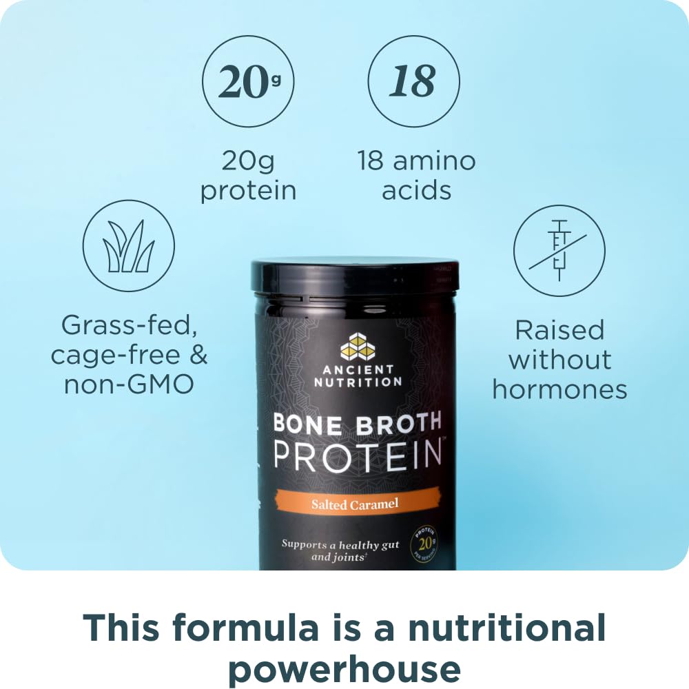 Ancient Nutrition bone broth protein salted caramel scoop resting on powder