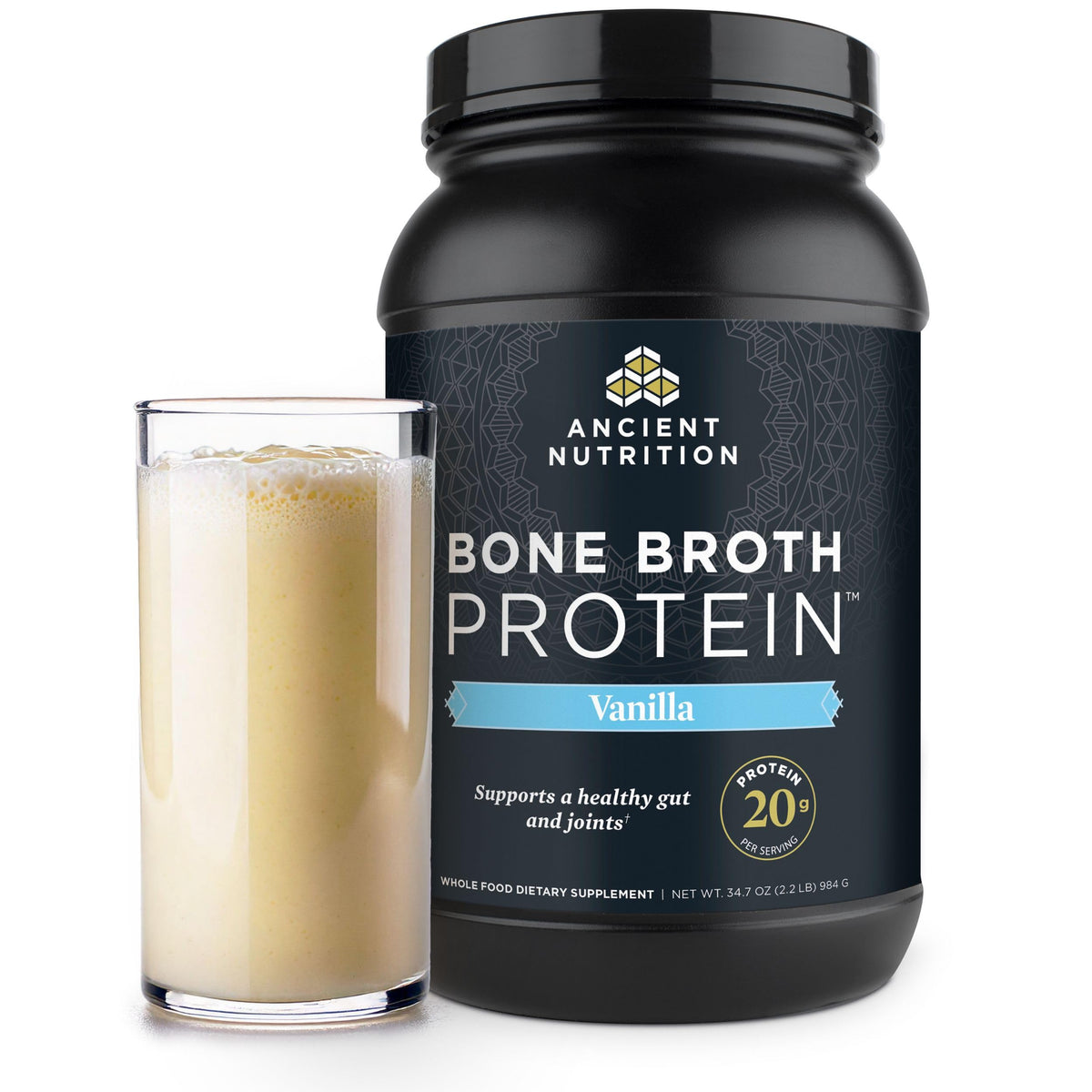 Ancient Nutrition bone broth protein vanilla tub for versatile shakes