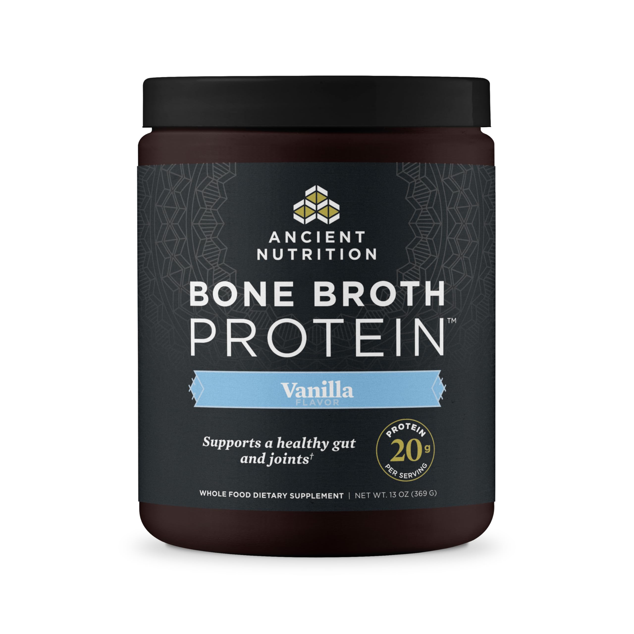 Ancient Nutrition grass-fed bone broth protein powder vanilla tub supports joint health