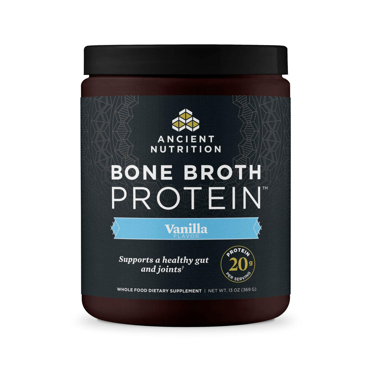 Ancient Nutrition grass-fed bone broth protein powder vanilla tub supports joint health