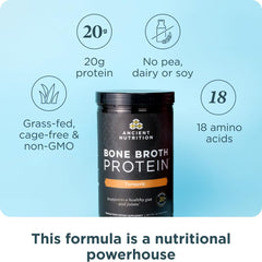 Ancient Nutrition vanilla flavored bone broth protein powder tub for shakes.