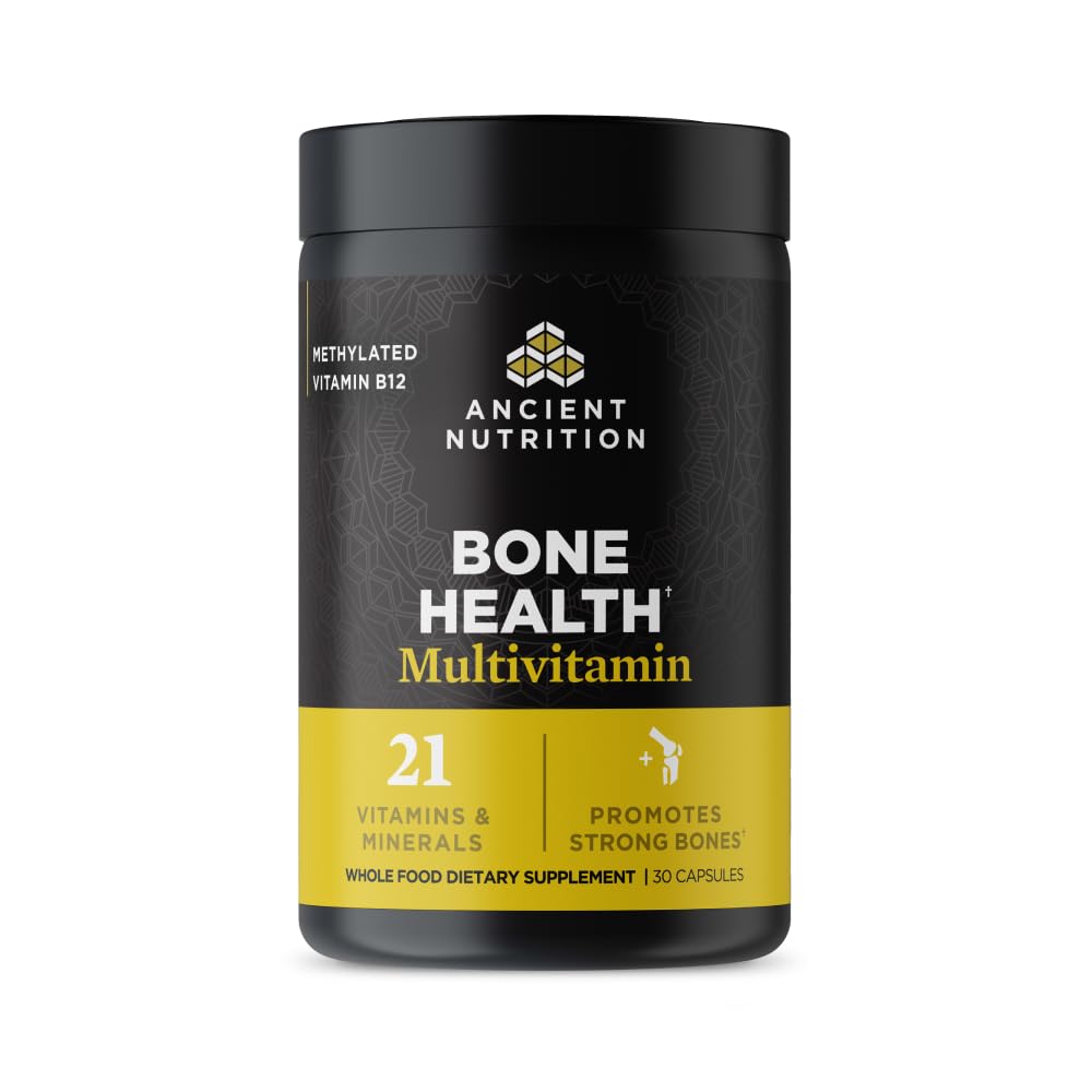 Ancient Nutrition Bone Health Multivitamin bottle front, showcasing modern packaging for everyday bone support.