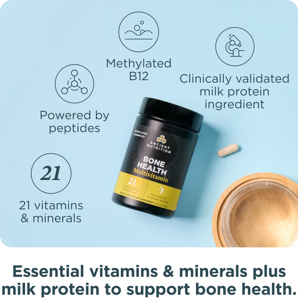 Ancient Nutrition Bone Health ingredients panel with milk peptides and chelated minerals for absorption.
