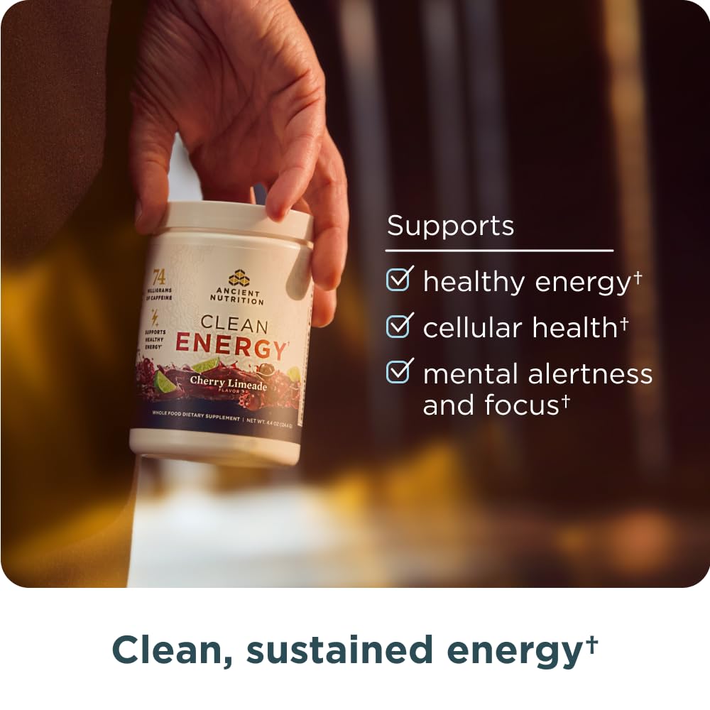 Ancient Nutrition Clean Energy Powder poured into a glass for focus and hydration