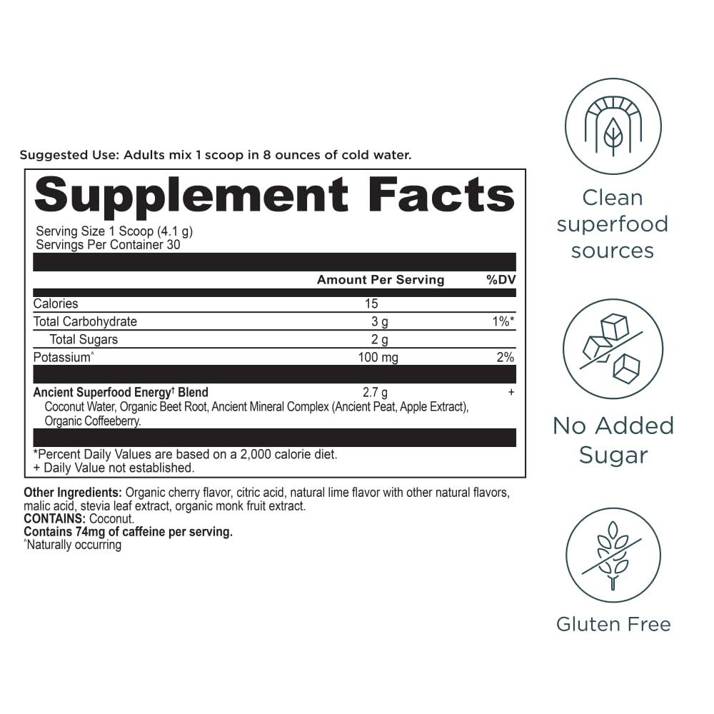 Ancient Nutrition Clean Energy Powder Cherry Limeade label highlighting caffeine source