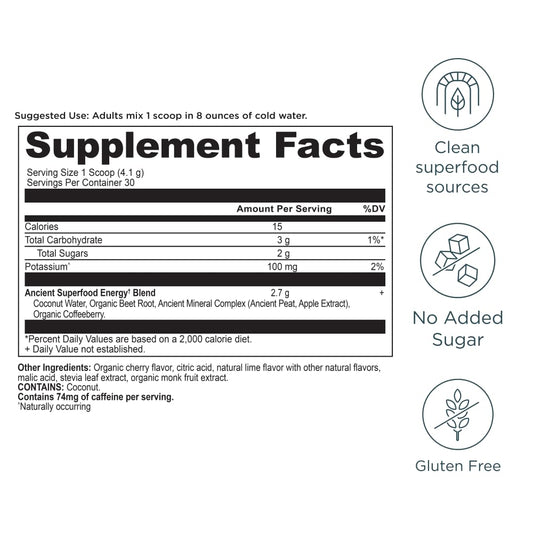 Ancient Nutrition Clean Energy Powder Cherry Limeade label highlighting caffeine source