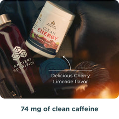 Ancient Nutrition Clean Energy Powder scoop beside ingredients for daily energy