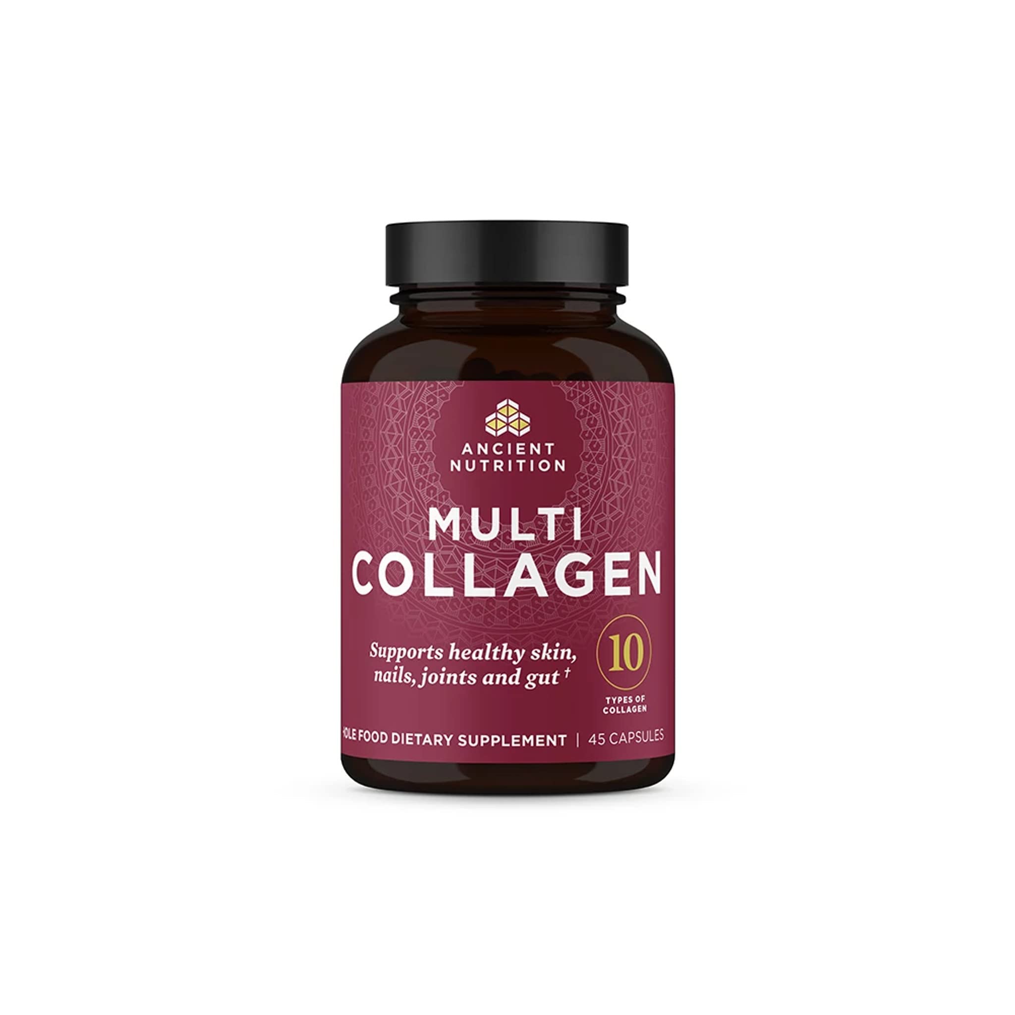 Ancient Nutrition collagen bottle front view supporting daily skin and joint care