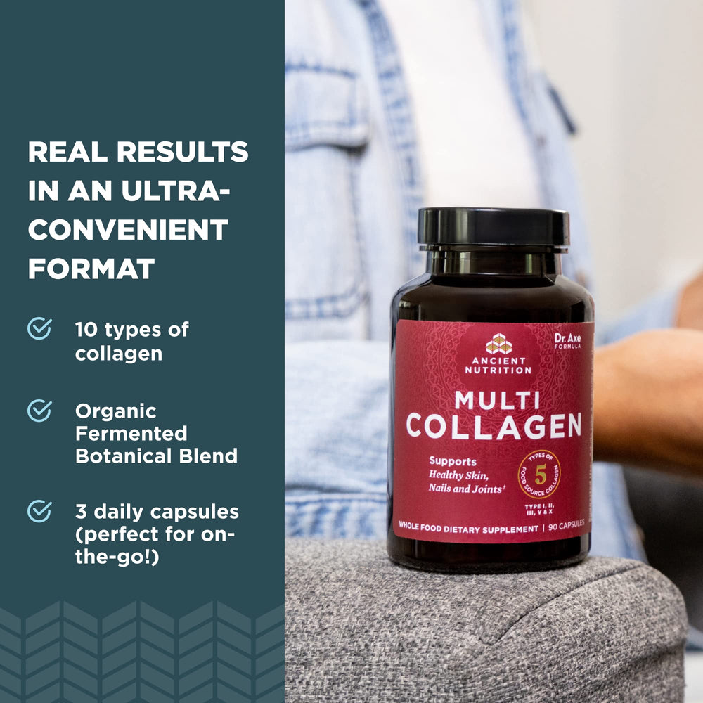 Ancient Nutrition collagen capsules close-up ready to swallow for skin and joints