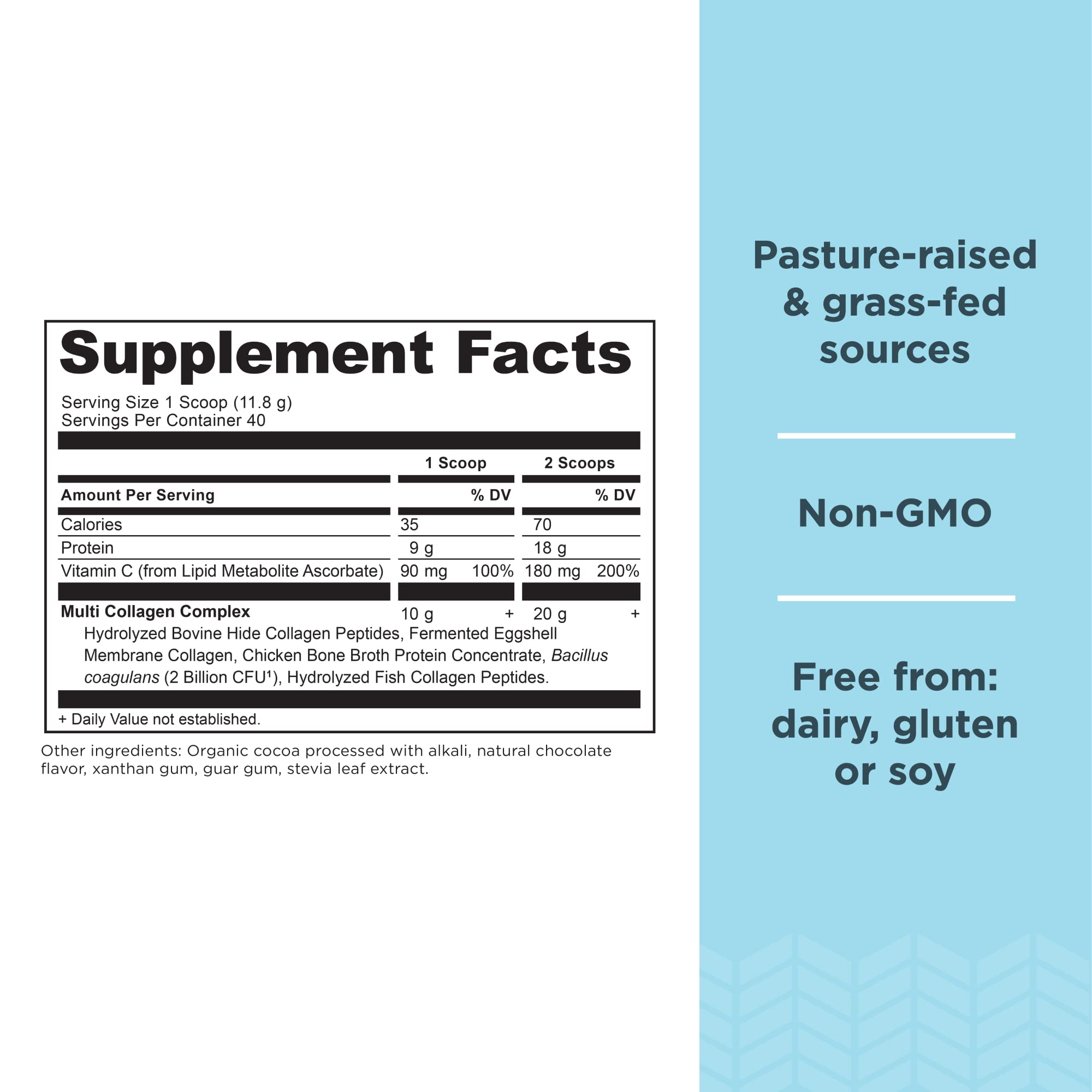 Ancient Nutrition label close-up showing collagen types and probiotic benefits for gut health.