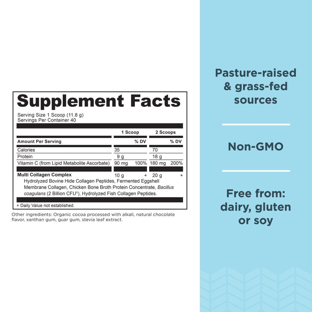 Ancient Nutrition label close-up showing collagen types and probiotic benefits for gut health.