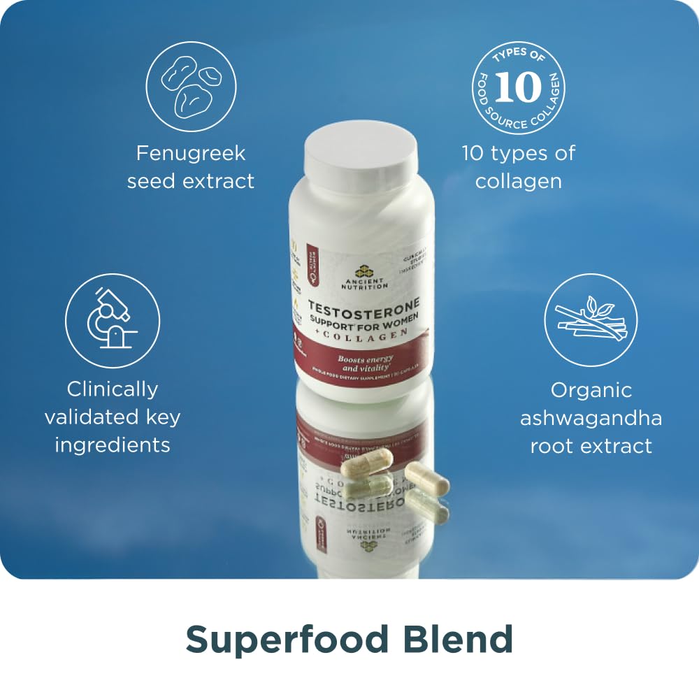Ancient Nutrition Collagen Peptides bottle closeup highlighting skin, hair, and joint care.