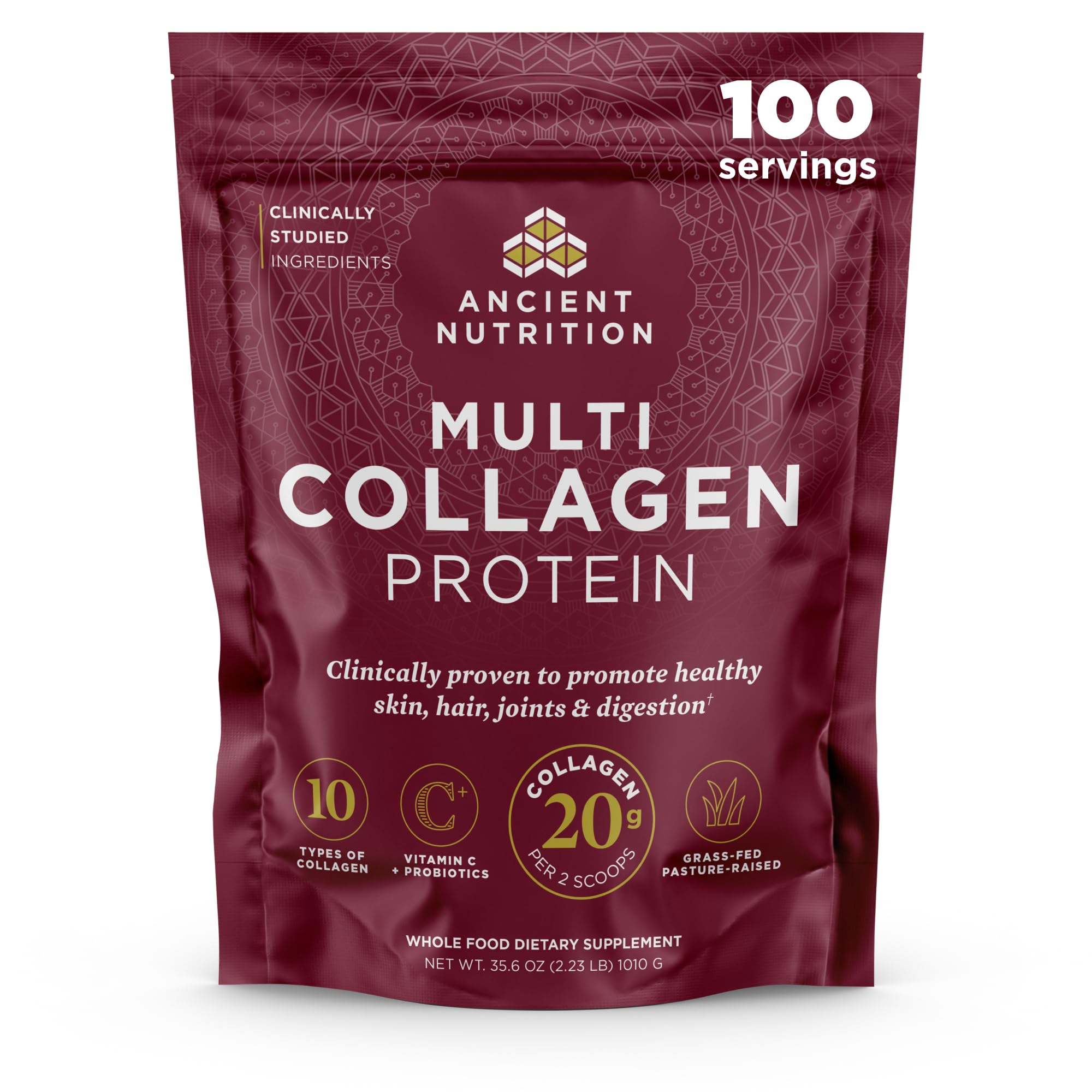 Ancient Nutrition Collagen Peptides bottle front view with multi-collagen blend