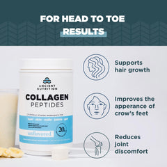 Ancient Nutrition Collagen Peptides label closeup emphasizes purity and quality.