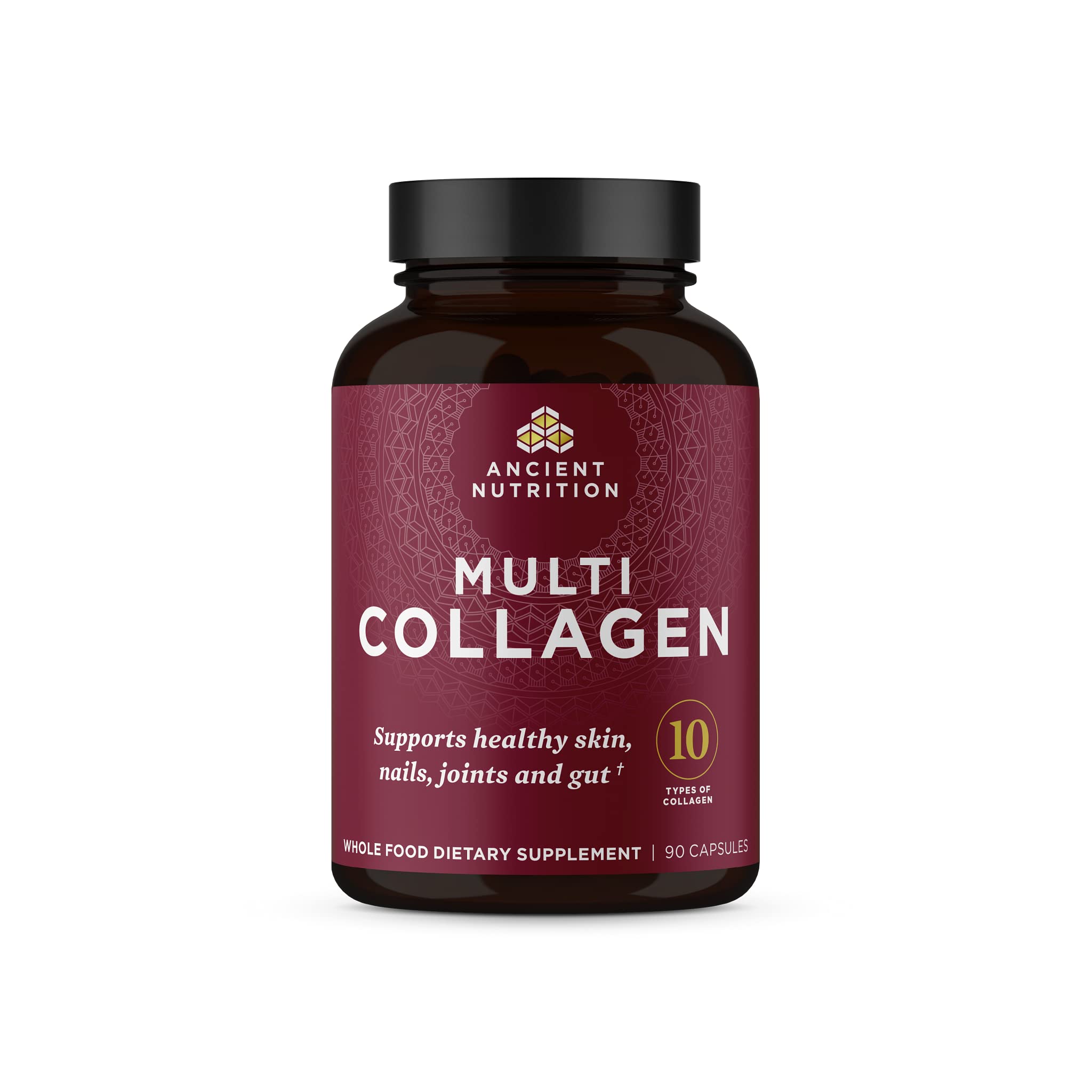 Ancient Nutrition Collagen Peptides Pills bottle showing capsules for skin and nails support