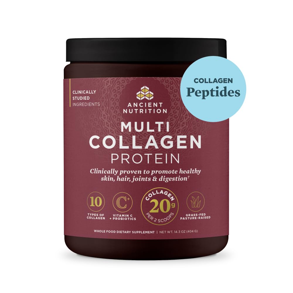 Ancient Nutrition Collagen Peptides powder jar on shelf for daily wellness.