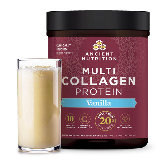 Ancient Nutrition collagen peptides powder bottle pour, convenient daily serving for skin and joints