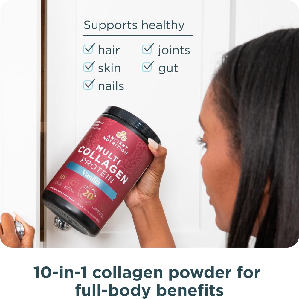Ancient Nutrition collagen peptides powder nutrition facts chart communicates protein and vitamin C content