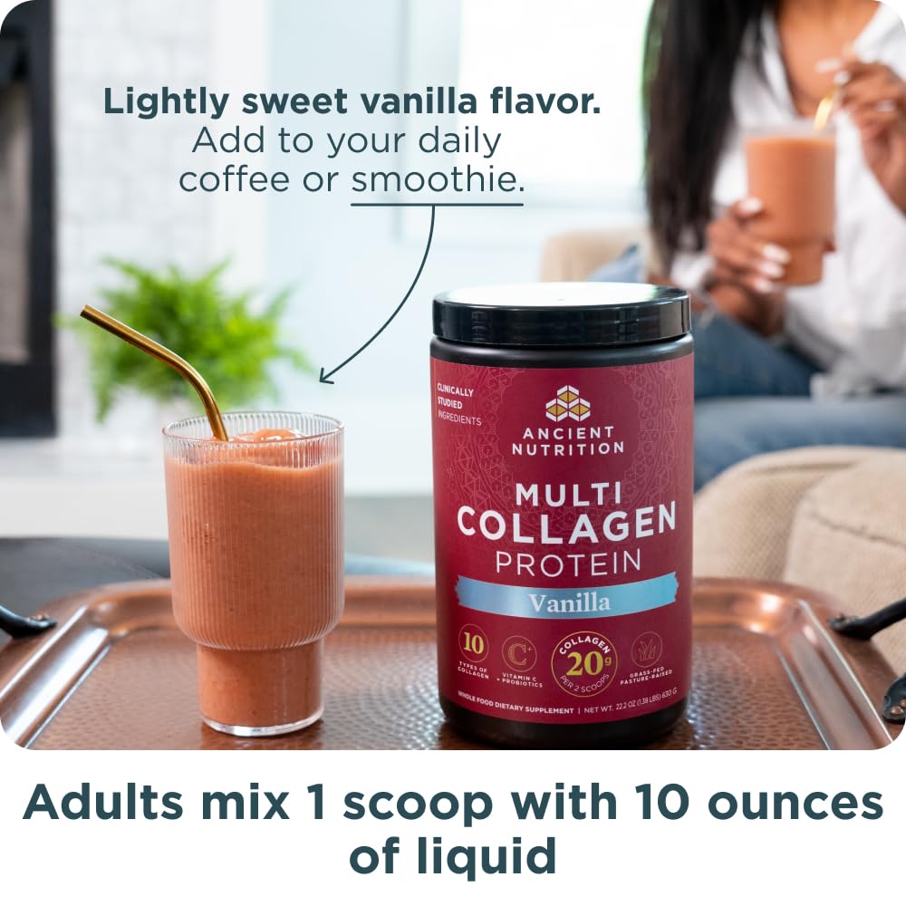 Ancient Nutrition collagen peptides powder in shake shows versatile use for daily nutrition