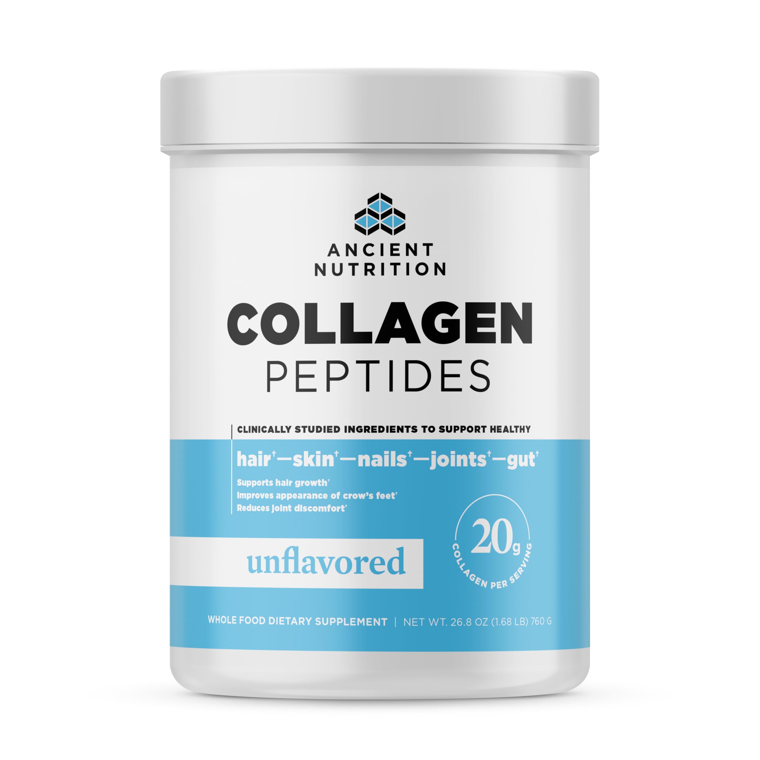 Ancient Nutrition Collagen Peptides unflavored bottle supports skin and joints.
