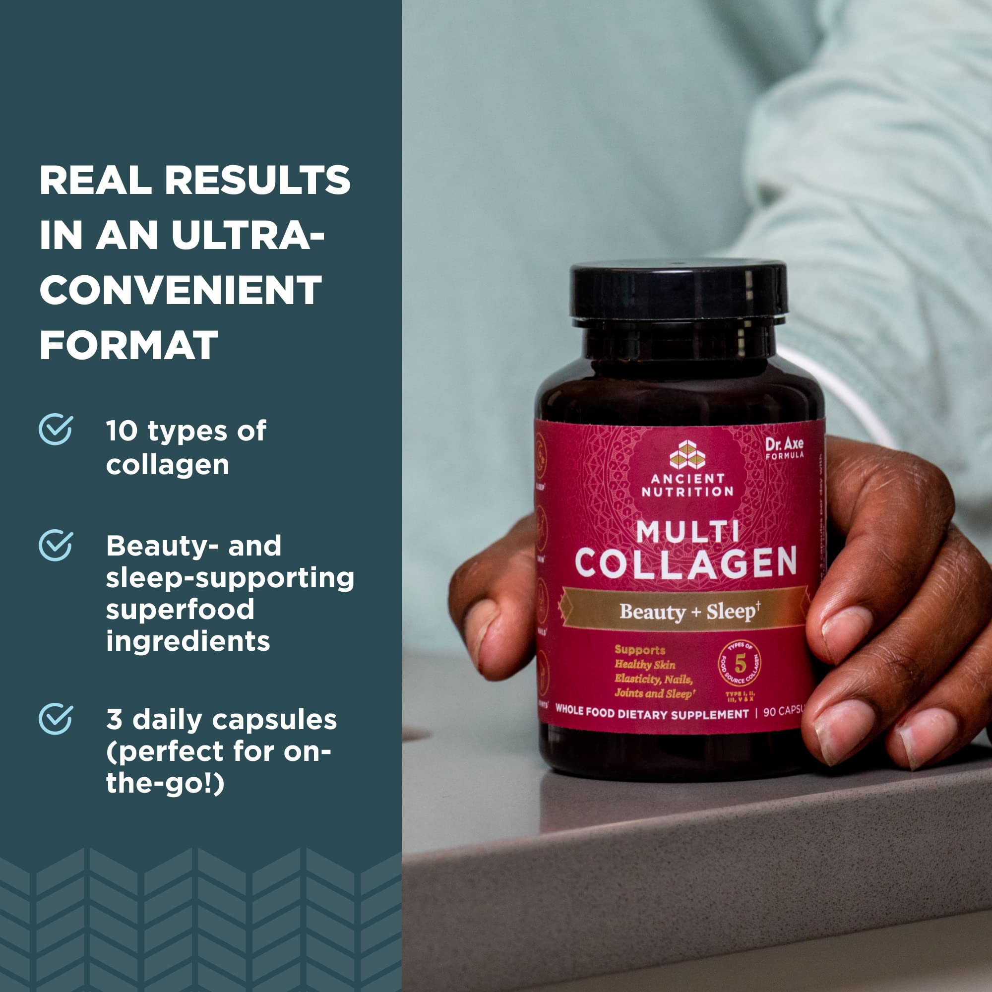 Ancient Nutrition collagen pills supporting hair shine and nail strength.