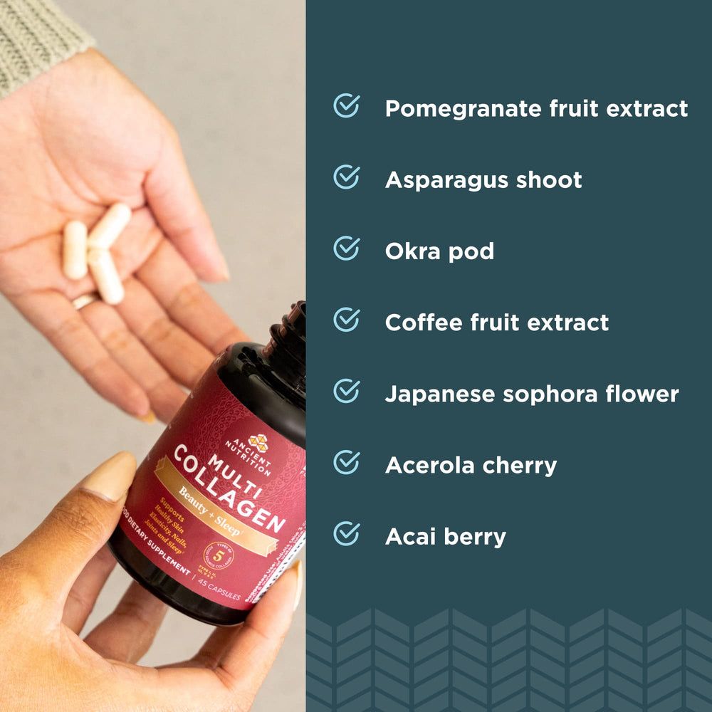 Ancient Nutrition collagen pills with ashwagandha for stress resilience and rest.