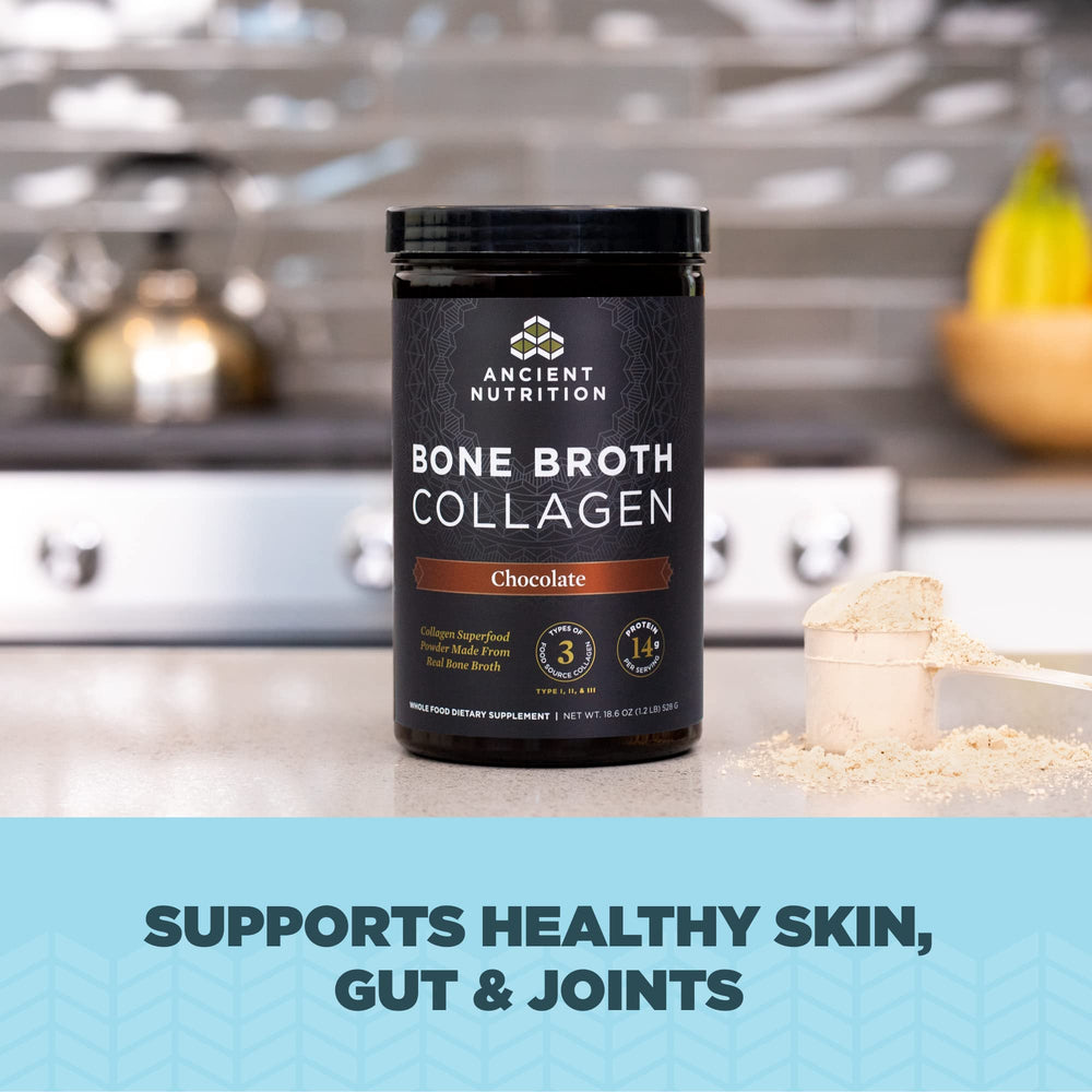 Ancient Nutrition collagen-pour-into-glass; convenient daily support for joints and skin.