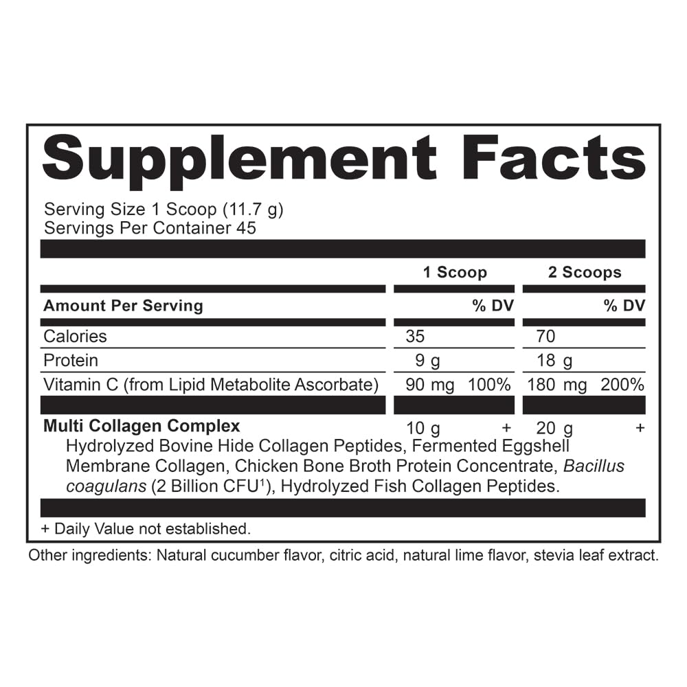 Ancient Nutrition collagen powder cucumber lime label closeup highlights hydrolyzed collagen types.