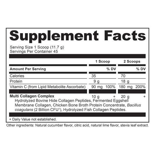 Ancient Nutrition collagen powder cucumber lime label closeup highlights hydrolyzed collagen types.