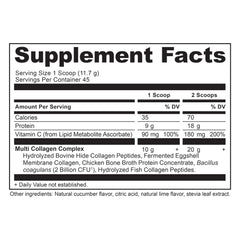 Ancient Nutrition collagen powder cucumber lime label closeup highlights hydrolyzed collagen types.