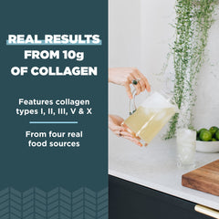 Ancient Nutrition collagen powder cucumber lime serving scoop shows convenient protein boost.