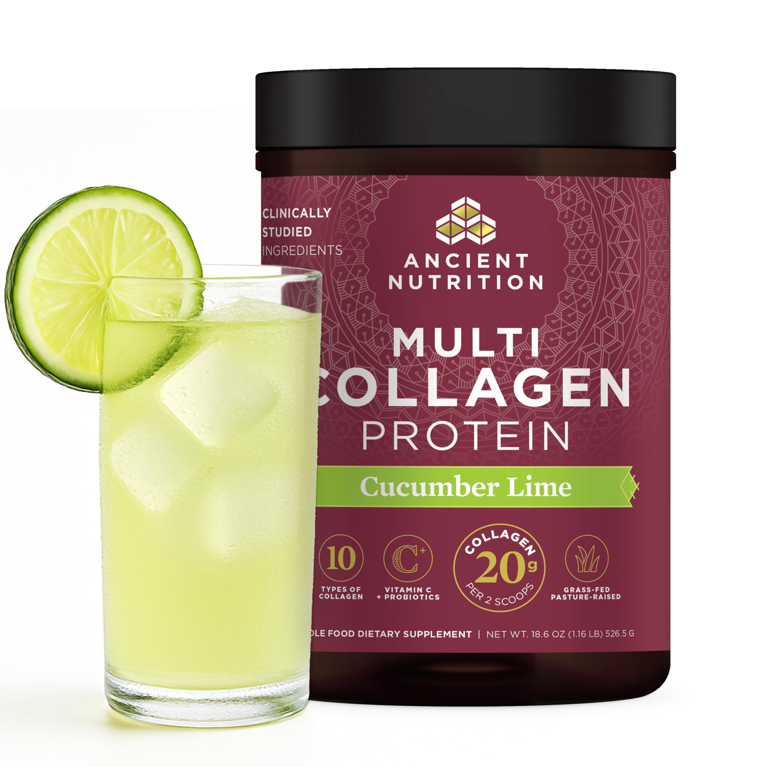 Ancient Nutrition collagen powder cucumber lime tub front helps daily skin and joint support.