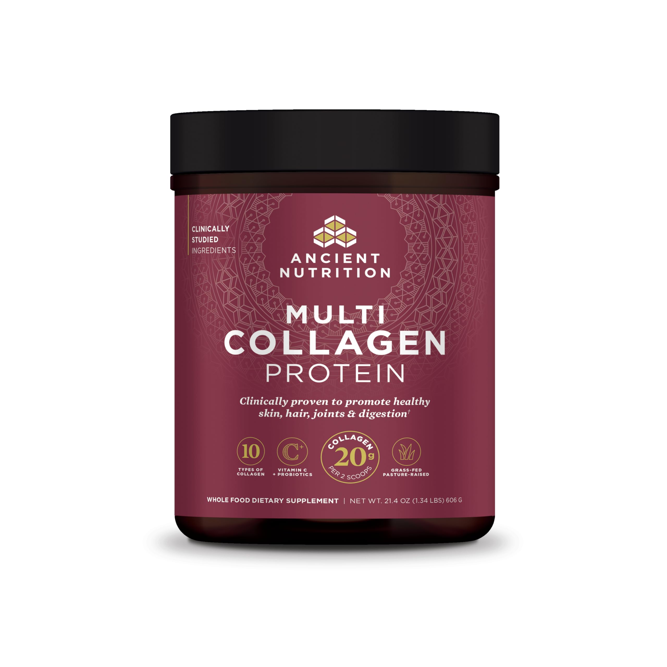 Ancient Nutrition collagen powder tub closeup highlighting multi-collagen formula for skin and joints.