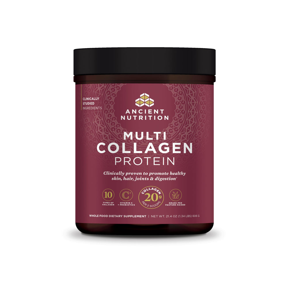 Ancient Nutrition collagen powder tub closeup highlighting multi-collagen formula for skin and joints.