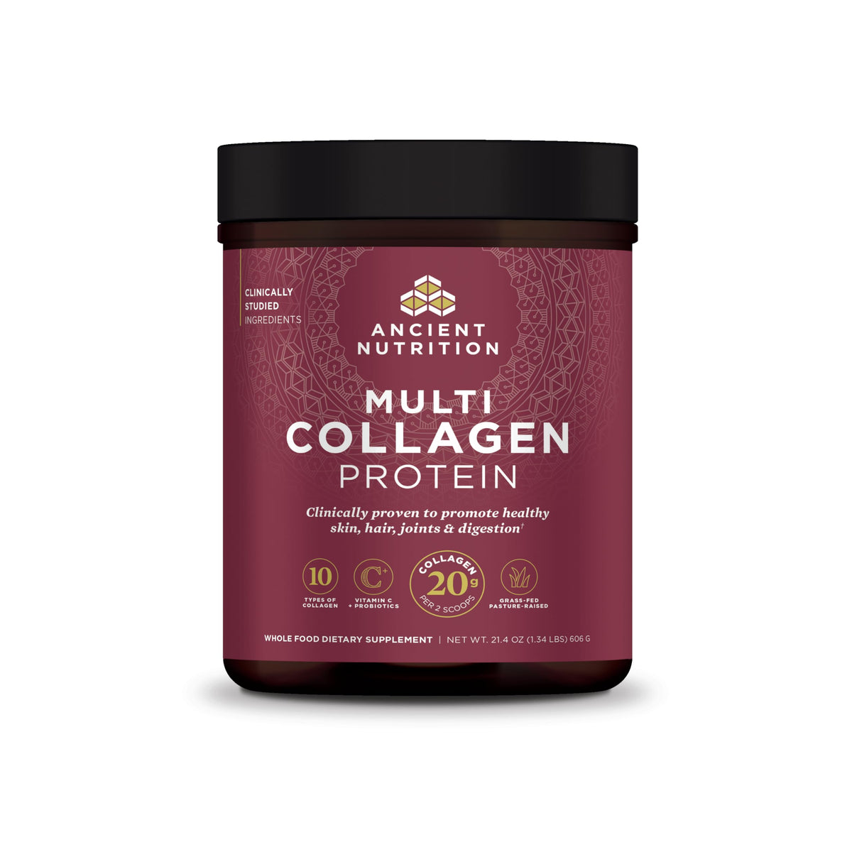 Ancient Nutrition collagen powder tub closeup highlighting multi-collagen formula for skin and joints.