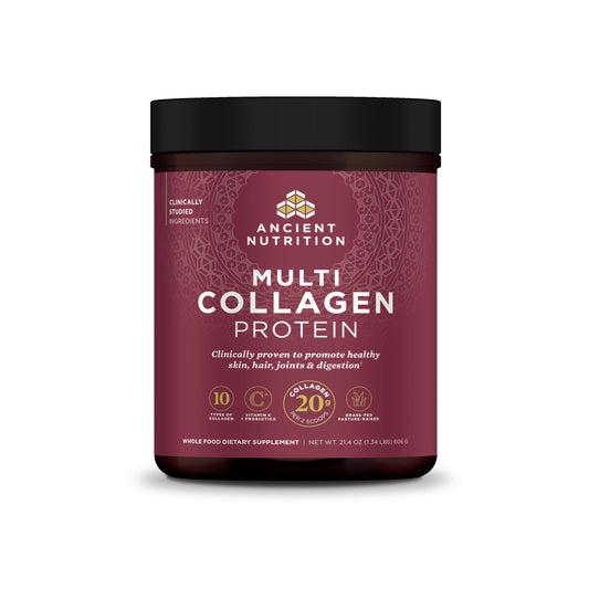 Ancient Nutrition collagen powder tub closeup highlighting multi-collagen formula for skin and joints.