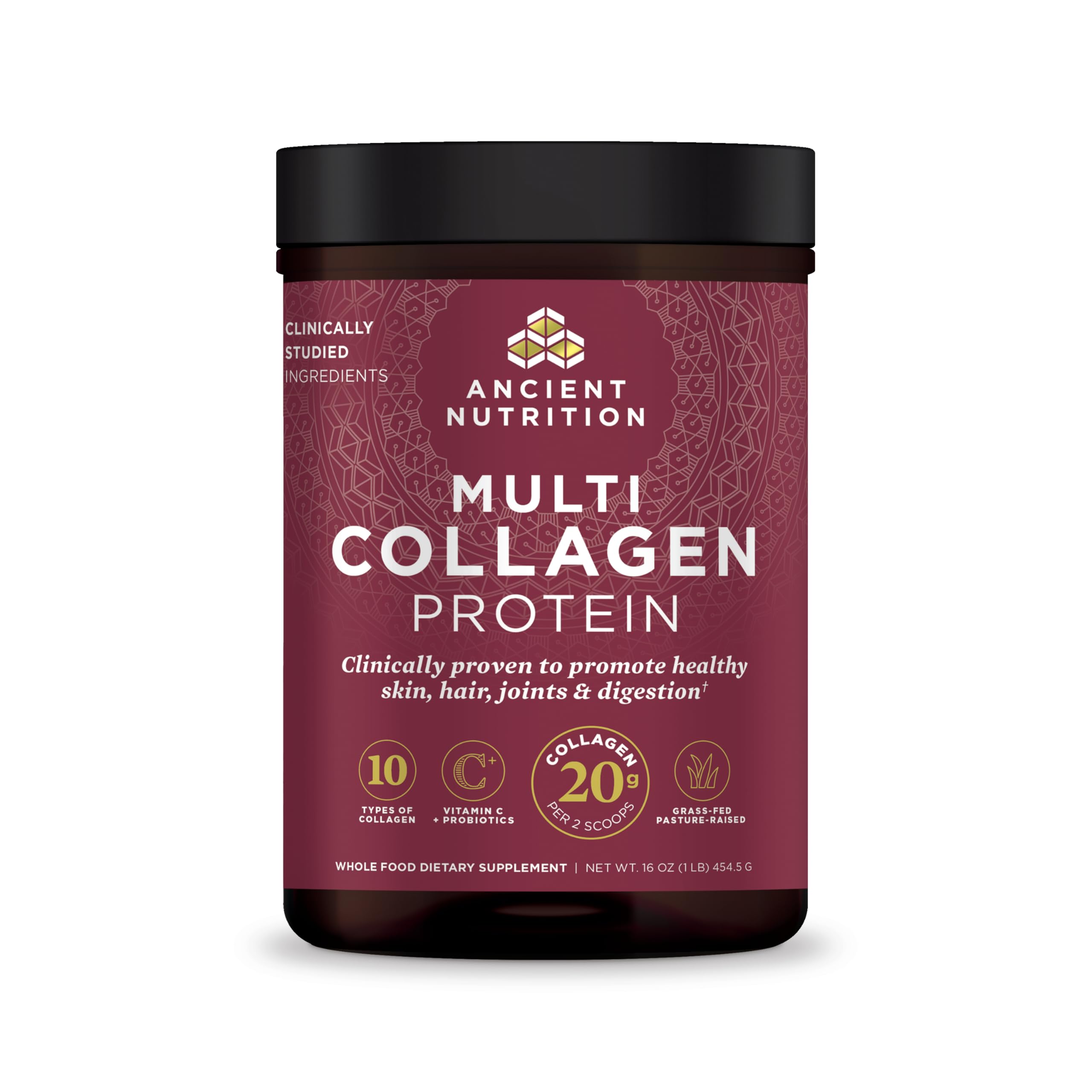 Ancient Nutrition collagen powder tub with unflavored formula supporting skin and nails