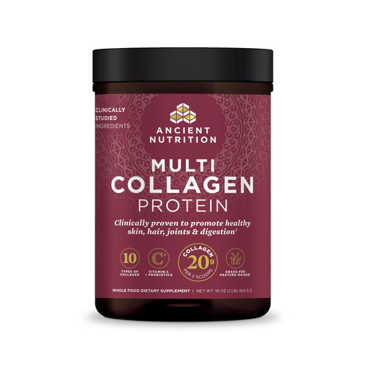 Ancient Nutrition collagen powder tub with unflavored formula supporting skin and nails