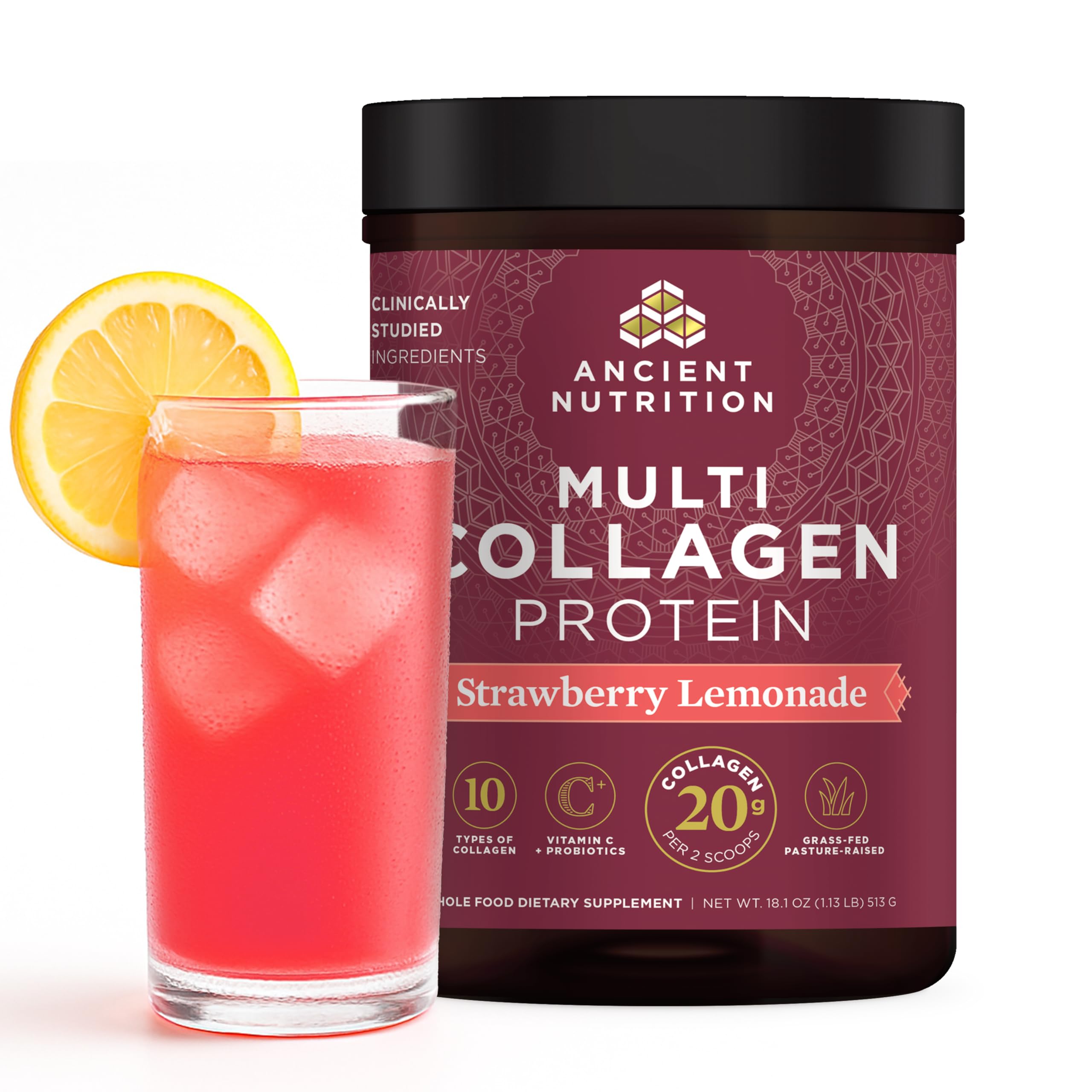 Ancient Nutrition strawberry lemonade collagen powder ready to blend for skin and gut support