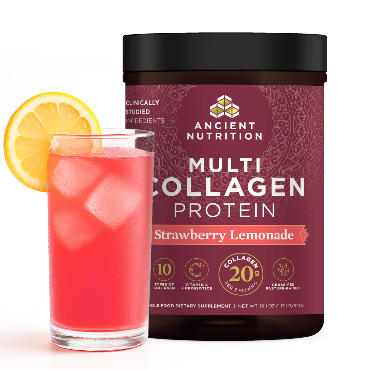 Ancient Nutrition strawberry lemonade collagen powder ready to blend for skin and gut support