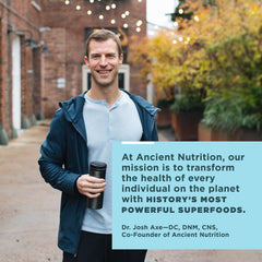 Ancient Nutrition collagen product supports skin and hair health visuals.